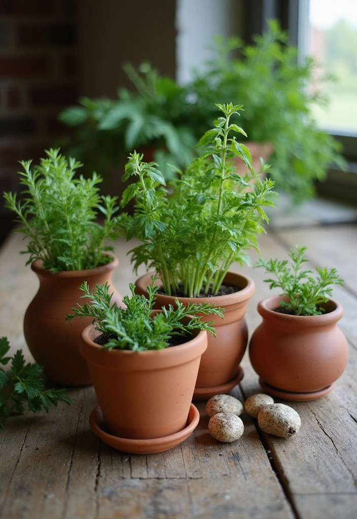 23 Simple Dining Table Centerpiece Ideas for a Rustic Farmhouse Vibe - 8. Terracotta Pots with Herbs