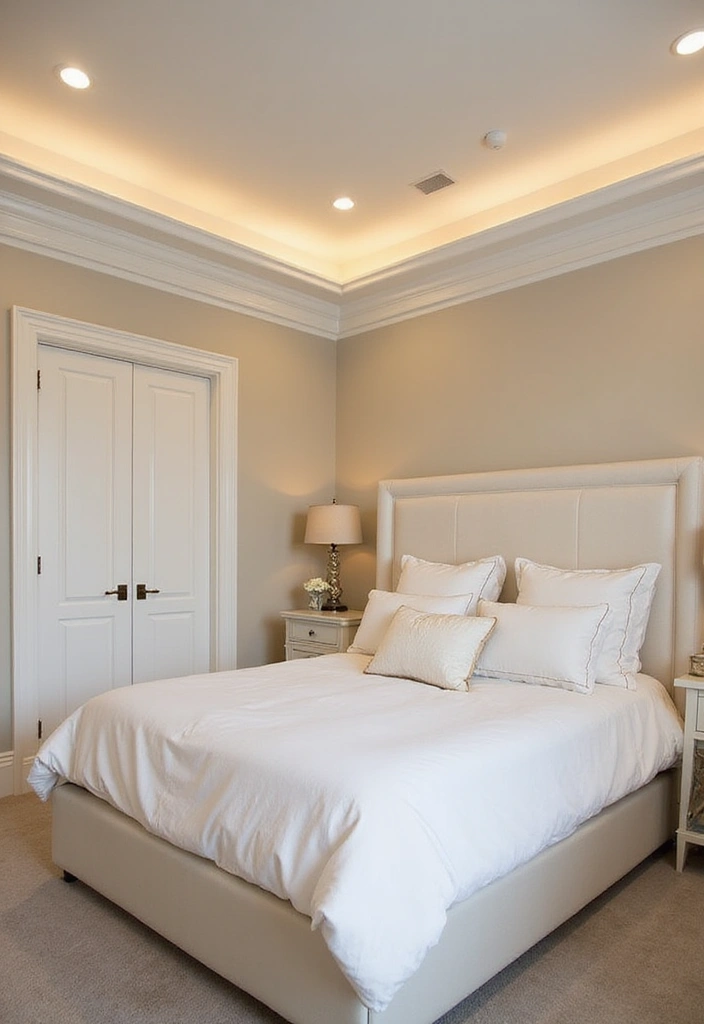 23 Stunning Bedroom Tray Ceiling Ideas for Luxurious Home Decor - 1. Elegant White Tray Ceiling with Soft Lighting