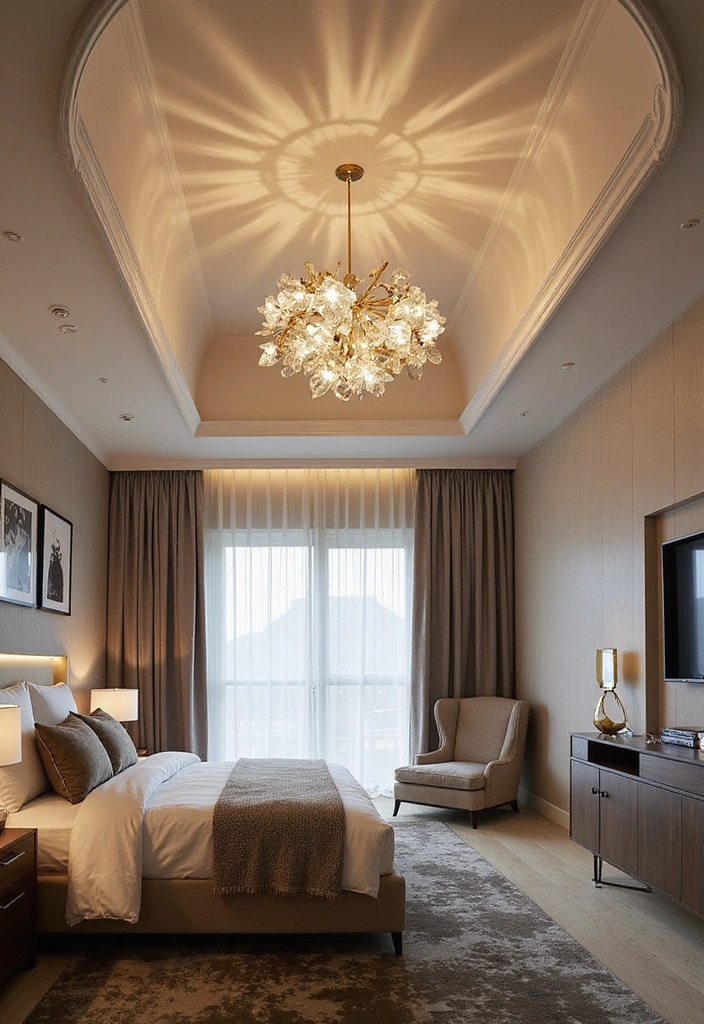 23 Stunning Bedroom Tray Ceiling Ideas for Luxurious Home Decor - 16. Artistic Lighting Fixtures
