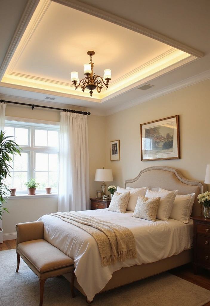 23 Stunning Bedroom Tray Ceiling Ideas for Luxurious Home Decor - 23. Incorporating Vintage Lighting
