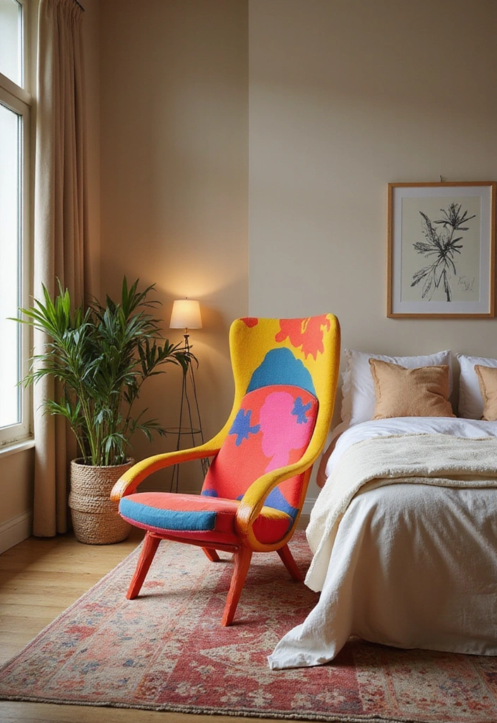 24 Bedroom Chair Ideas for Lounging - 14. Artistic Lounge Chair for Creative Spaces
