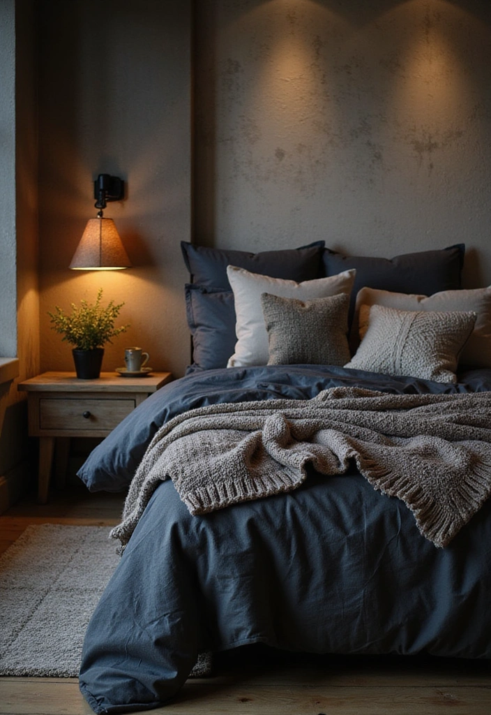 24 Dark Cozy Bedroom Ideas - 12. Textured Layers
