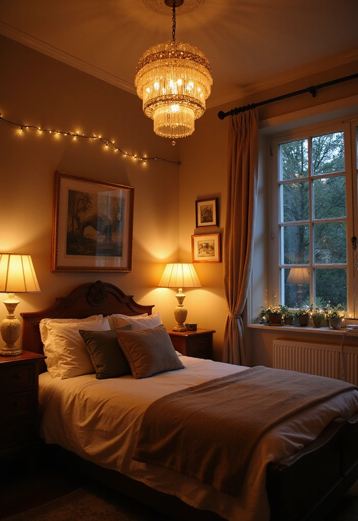 24 Dark Cozy Bedroom Ideas - 14. Layered Lighting