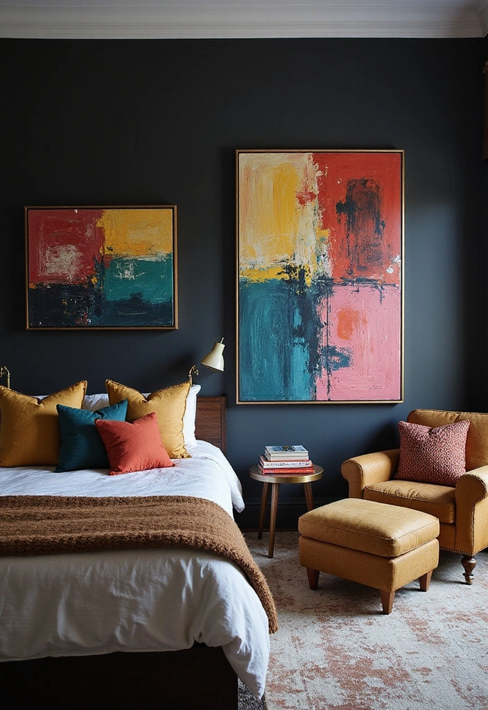 24 Dark Cozy Bedroom Ideas - 9. Artistic Expression