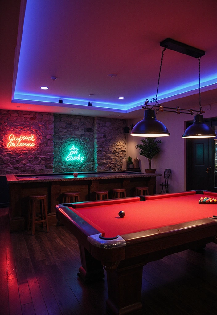 24 Game Room Ideas for Adults - 20. Game Room with Flexible Lighting