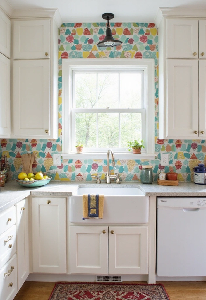 24 Kitchen Backsplash Ideas with White Cabinets - 13. Fun Peel-and-Stick Tiles