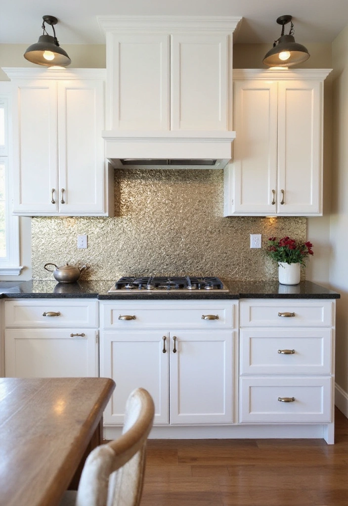 24 Kitchen Backsplash Ideas with White Cabinets - 17. Elegant Metallic Tiles
