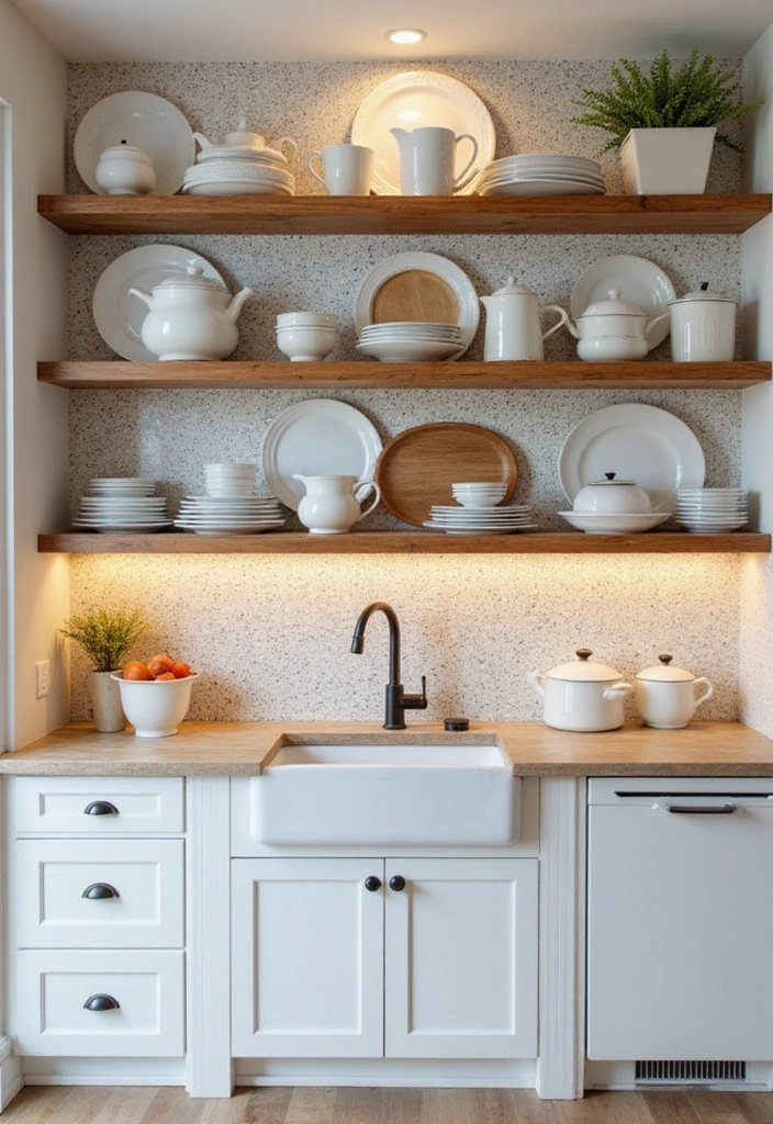 24 Kitchen Backsplash Ideas with White Cabinets - 21. Open Shelving with Backsplash