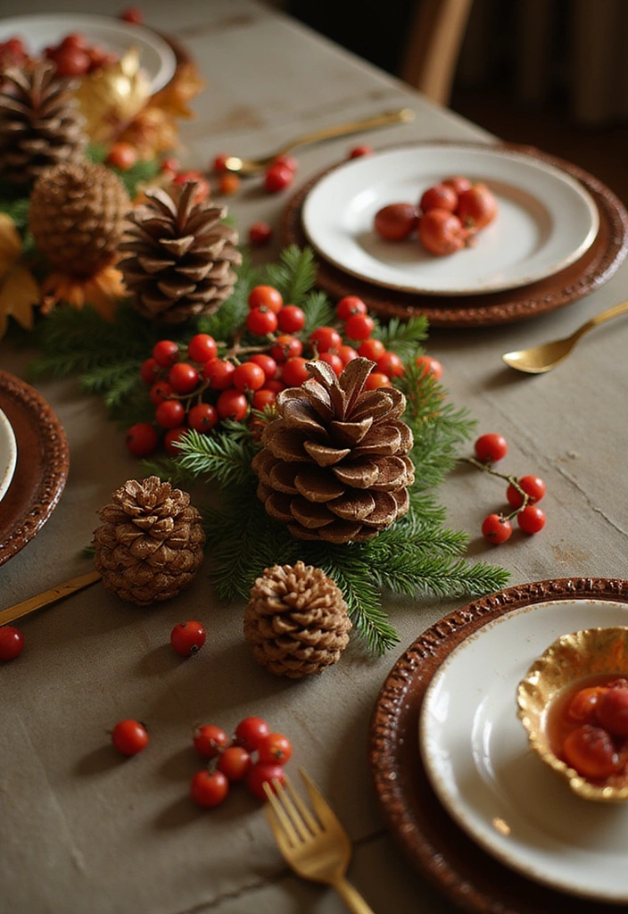 24 Thanksgiving Table Decor Ideas on a Budget - 8. Pinecone and Berry Accents