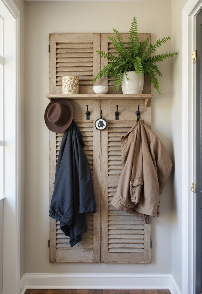 24 Vintage Window Shutter Decor Ideas - 9. Shutter Coat Racks