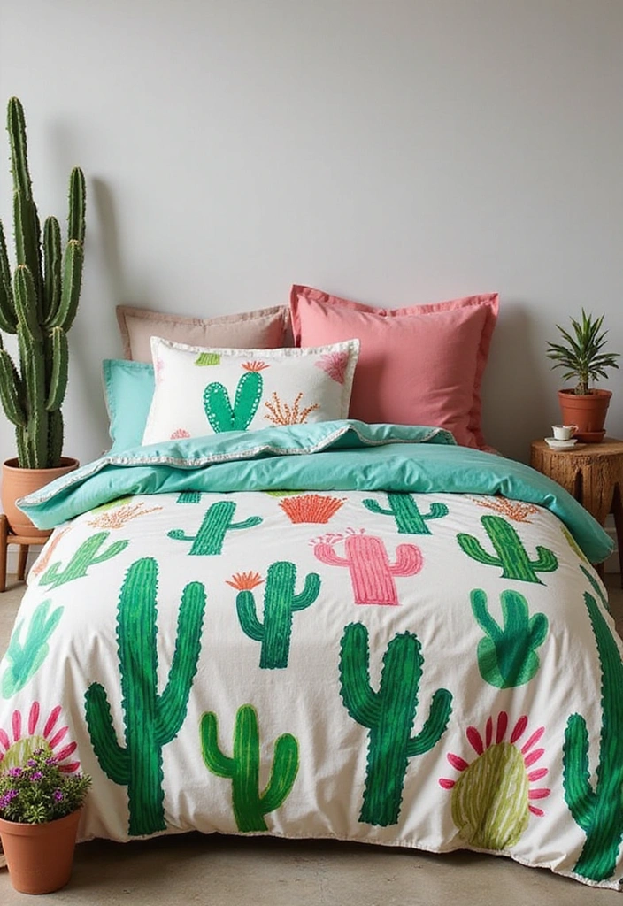 24 Western Bedding Ideas - 13. Cactus-Inspired Bedding