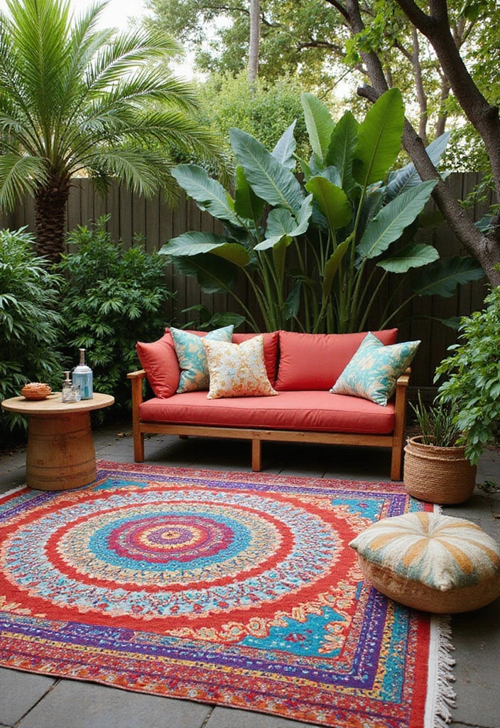 25 Bali Backyard Ideas: Transform Your Space into a Luxurious Retreat - 9. Colorful Outdoor Rugs