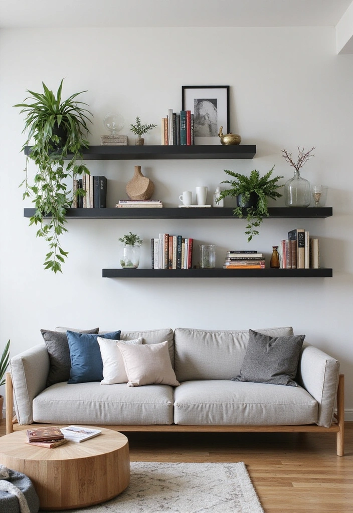25 Black and Beige Living Room Ideas - 12. Modern Wall Shelves
