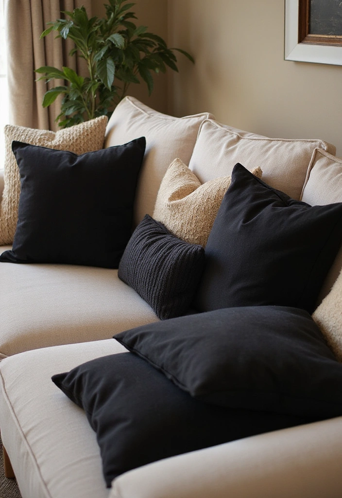 25 Black and Beige Living Room Ideas - 13. Black and Beige Throw Pillows