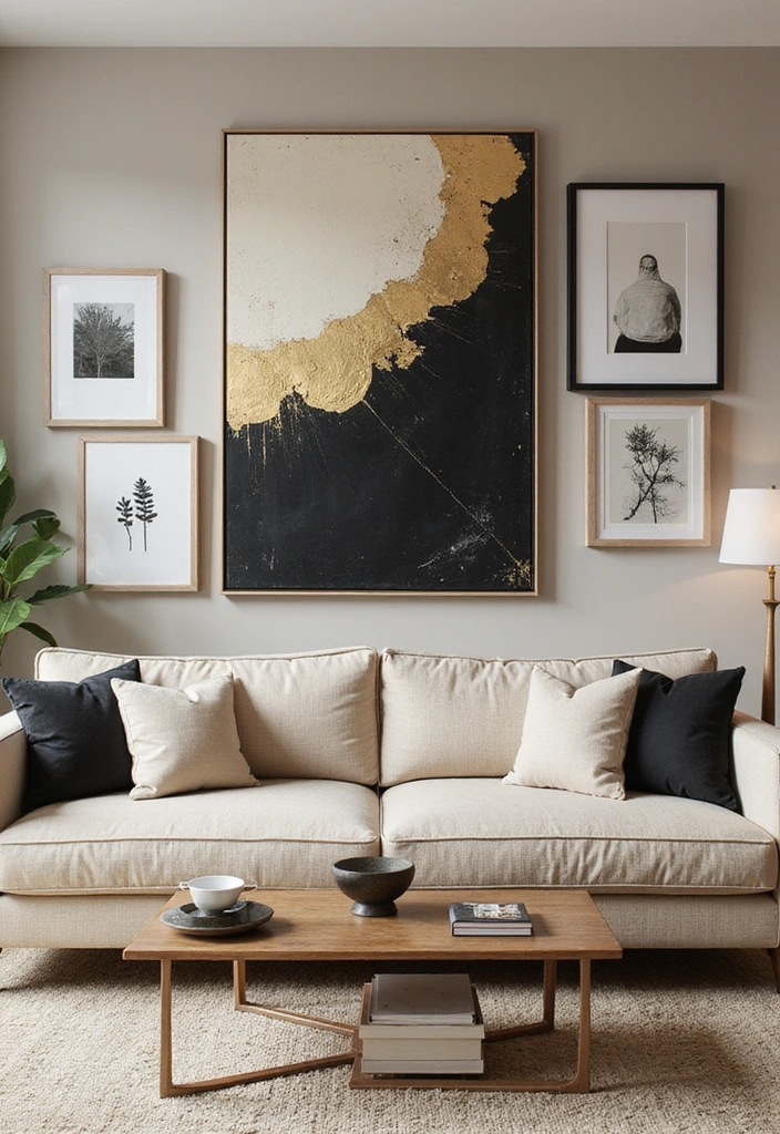 25 Black and Beige Living Room Ideas - 18. Black and Beige Wall Art