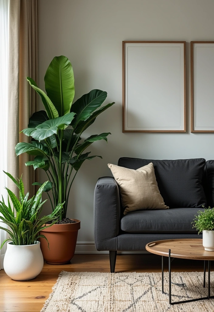 25 Black and Beige Living Room Ideas - 21. Indoor Plants
