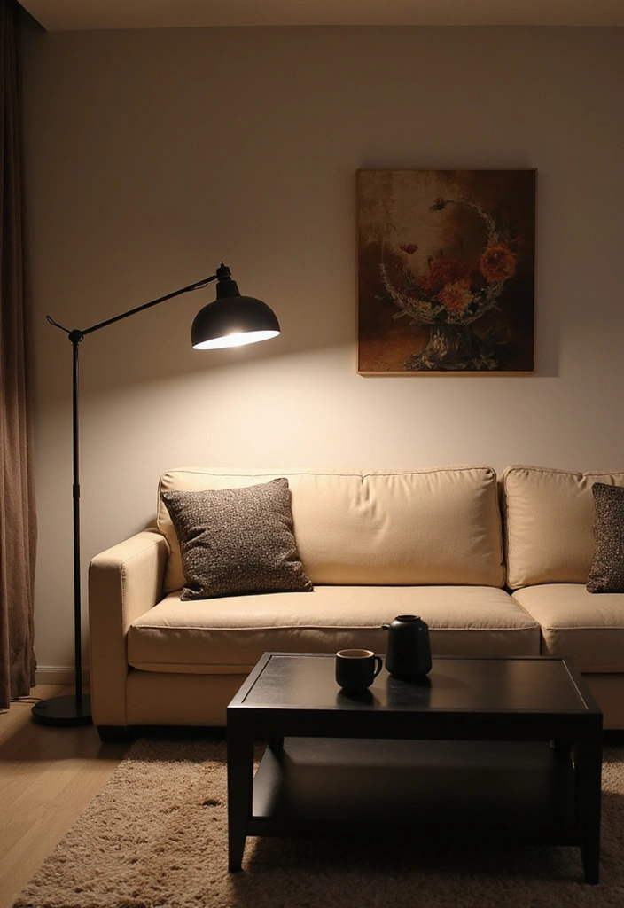 25 Black and Beige Living Room Ideas - 4. Layered Lighting