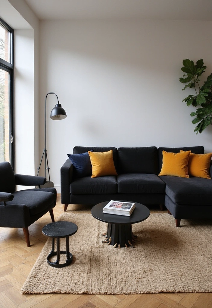 25 Black and Beige Living Room Ideas - 5. Statement Black Furniture