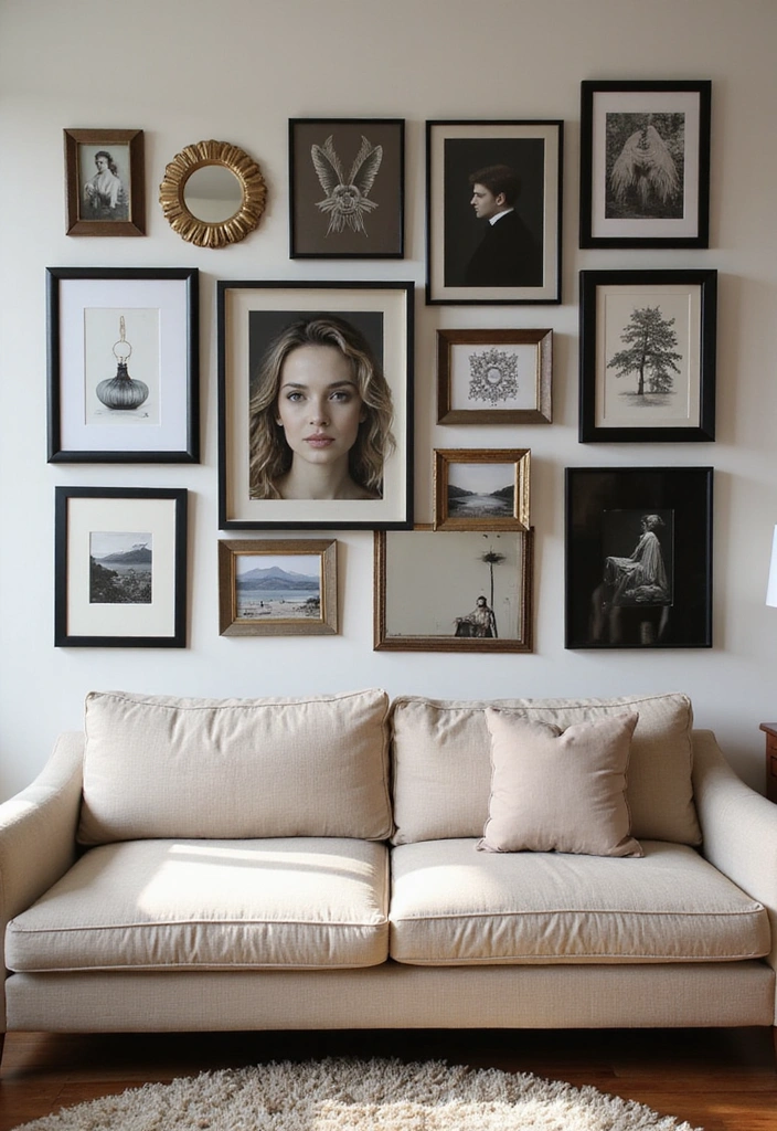 25 Black and Beige Living Room Ideas - 6. Black and Beige Gallery Wall