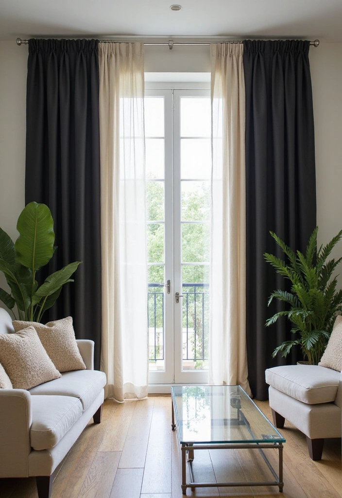 25 Black and Beige Living Room Ideas - 9. Black and Beige Curtains