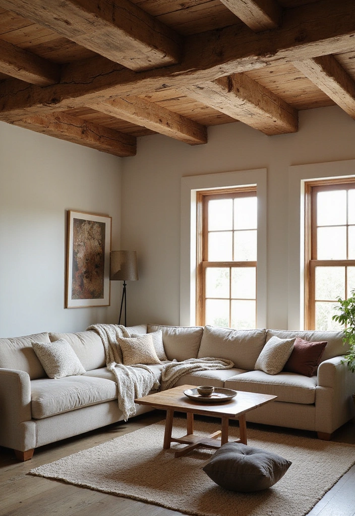 25 Country Living Room Decor Ideas: Cozy Farmhouse Style - 1. Rustic Wooden Beams