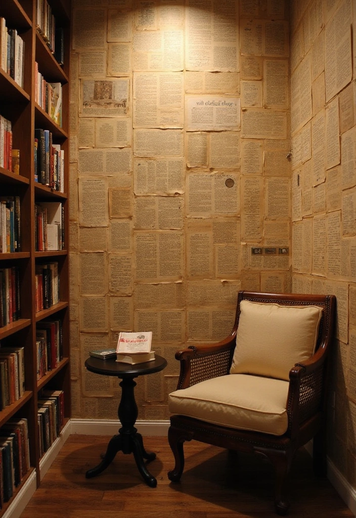 25 Creative Accent Wall Ideas for Small Spaces - 9. Vintage Book Page Wall