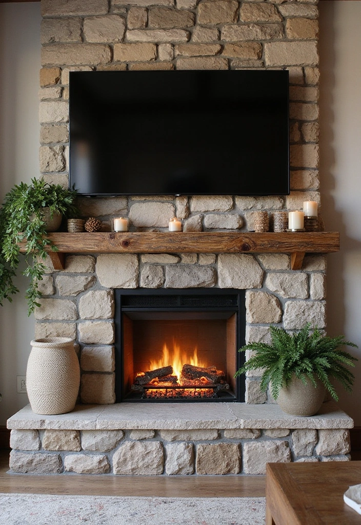 25 Electric Fireplace Ideas with TV Above: Modern Rustic Home Decor - 1. Rustic Stone Electric Fireplace with TV Mount