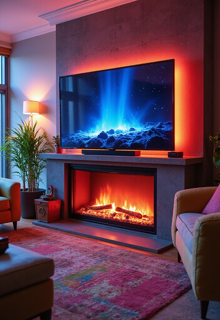 25 Electric Fireplace Ideas with TV Above: Modern Rustic Home Decor - 12. Vibrant Electric Fireplace with Color-Changing TV