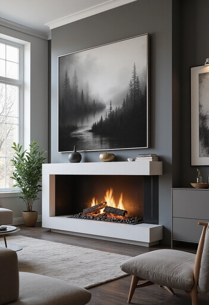 25 Electric Fireplace Ideas with TV Above: Modern Rustic Home Decor - 14. Contemporary Electric Fireplace with Abstract Art TV