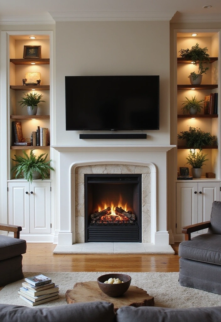 25 Electric Fireplace Ideas with TV Above: Modern Rustic Home Decor - 7. Cozy Electric Fireplace with Built-In Shelves and TV
