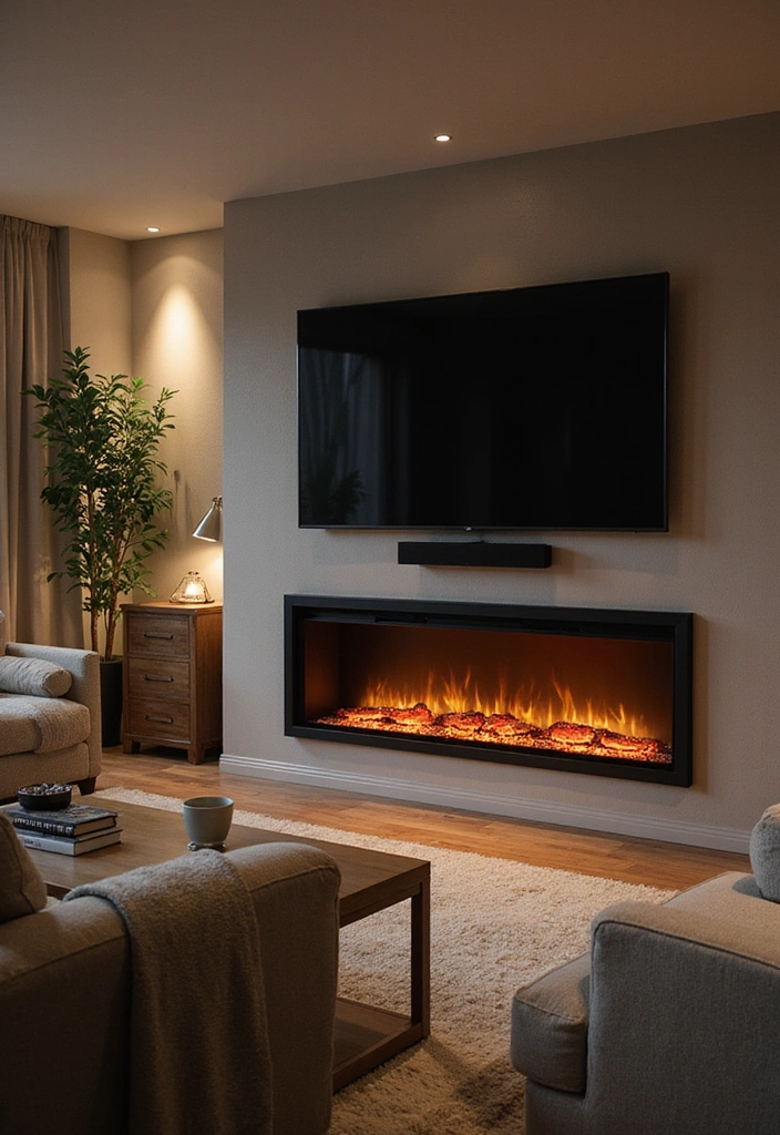 25 Electric Fireplace Ideas with TV Above: Modern Rustic Home Decor - 8. Stylish Electric Fireplace with Integrated Sound System