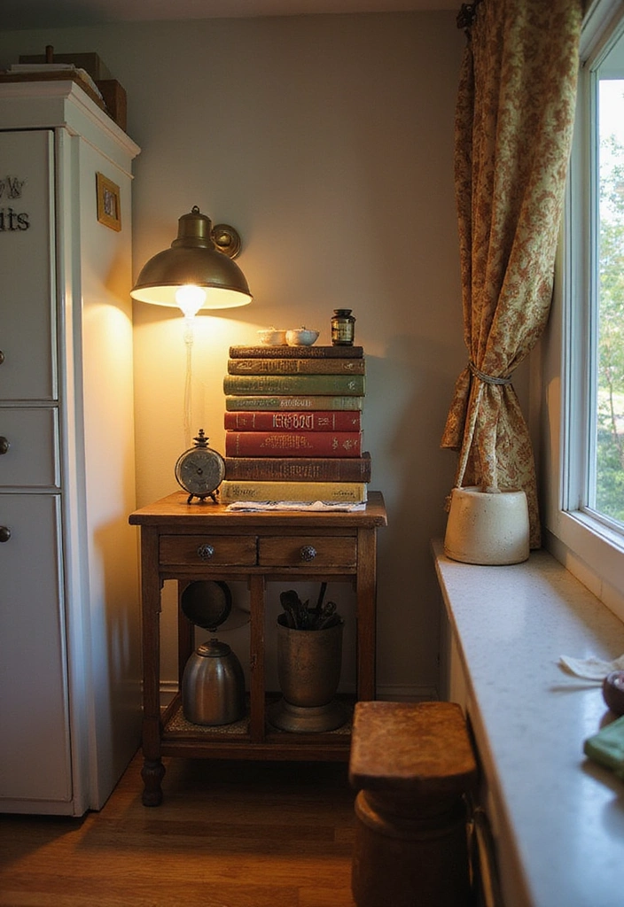 25 Kitchen Counter Corner Decor Ideas - 6. Vintage Charm with Cookbooks