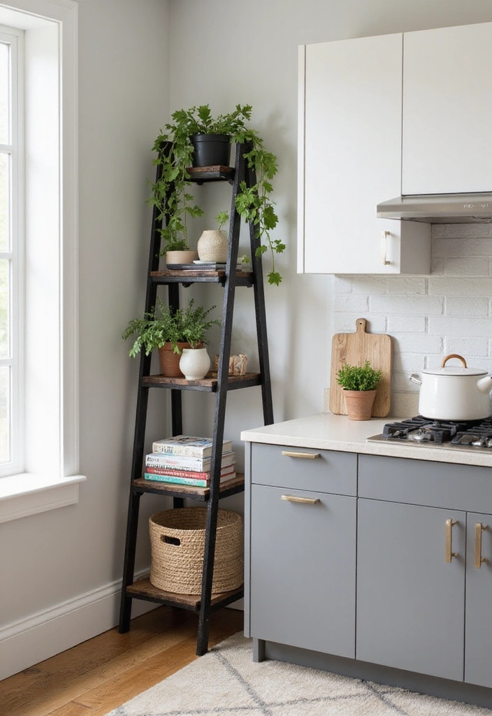 25 Kitchen Counter Corner Decor Ideas - 8. Chic Ladder Shelf