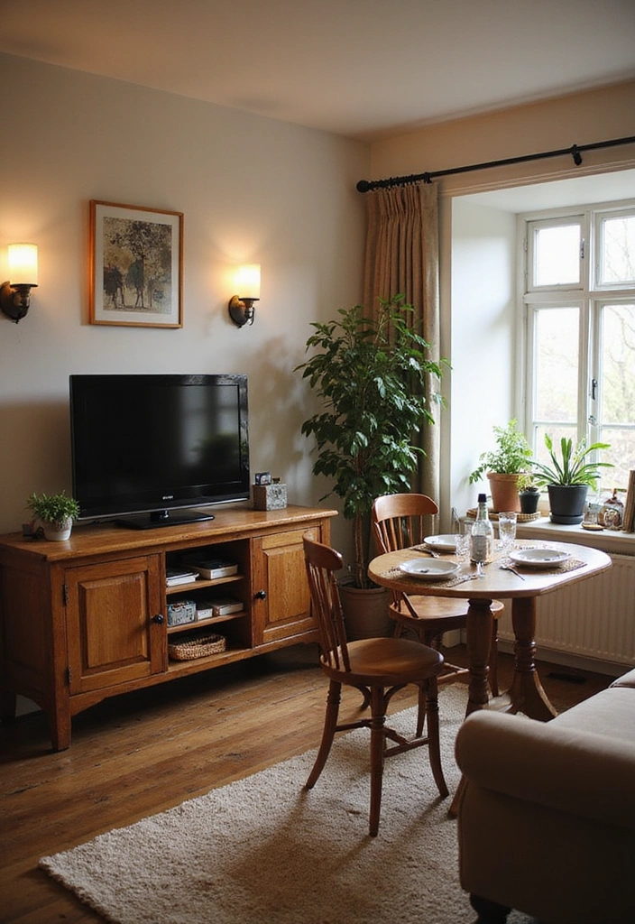 25 Small Living Room Ideas with TV and Dining Table - 11. Rustic TV Cabinet with Small Bistro Table