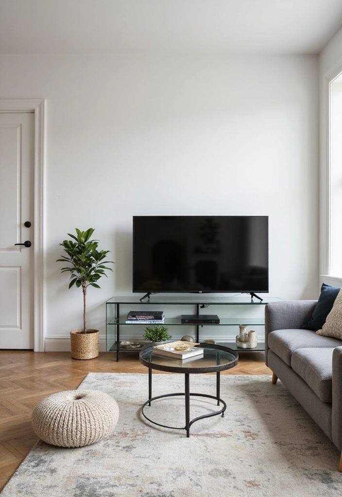 25 Small Living Room Ideas with TV and Dining Table - 12. Modern Glass TV Stand with Chic Dining Bench