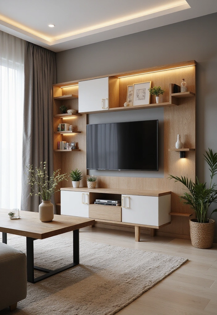 25 Small Living Room Ideas with TV and Dining Table - 13. Compact TV Wall Unit with Multi-Use Dining Space