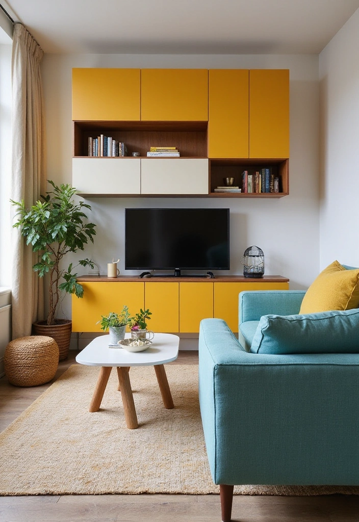 25 Small Living Room Ideas with TV and Dining Table - 14. Brightly Colored Furniture with Minimalist Dining Table