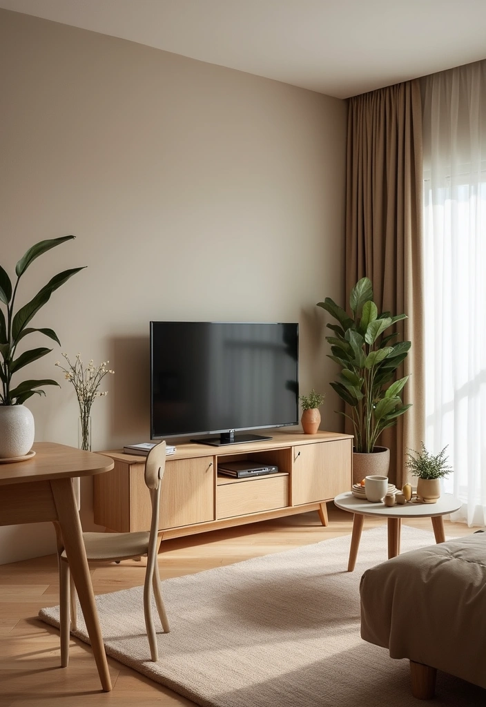 25 Small Living Room Ideas with TV and Dining Table - 15. Earthy Tones with Natural Wood Dining Table