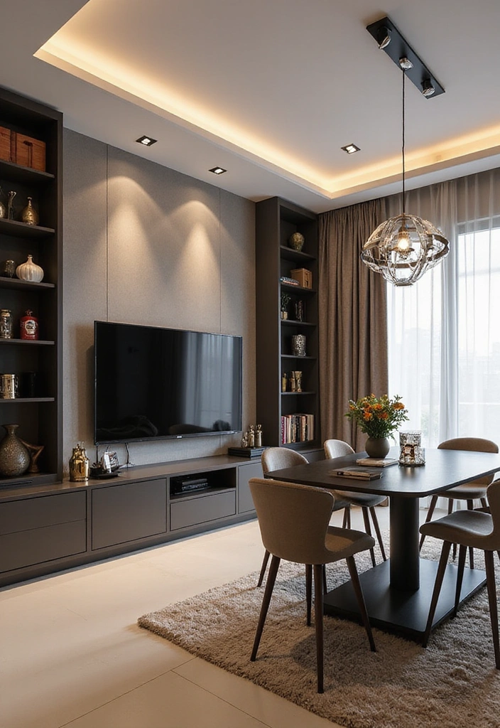 25 Small Living Room Ideas with TV and Dining Table - 4. Stylish Entertainment Center with Bar Table
