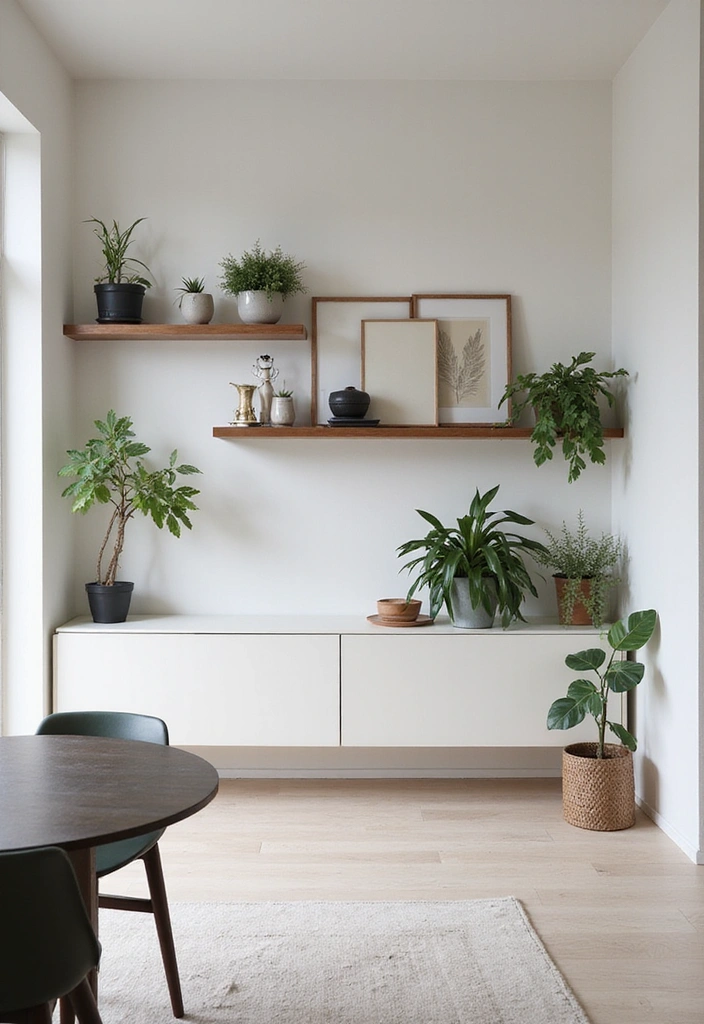 25 Small Living Room Ideas with TV and Dining Table - 5. Minimalist Floating Shelves with Space-Saving Dining Set
