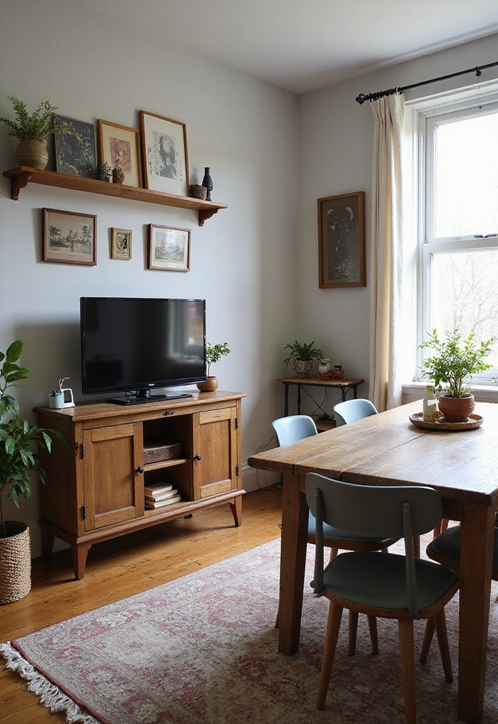 25 Small Living Room Ideas with TV and Dining Table - 6. Vintage-Inspired TV Stand with Farmhouse Dining Table