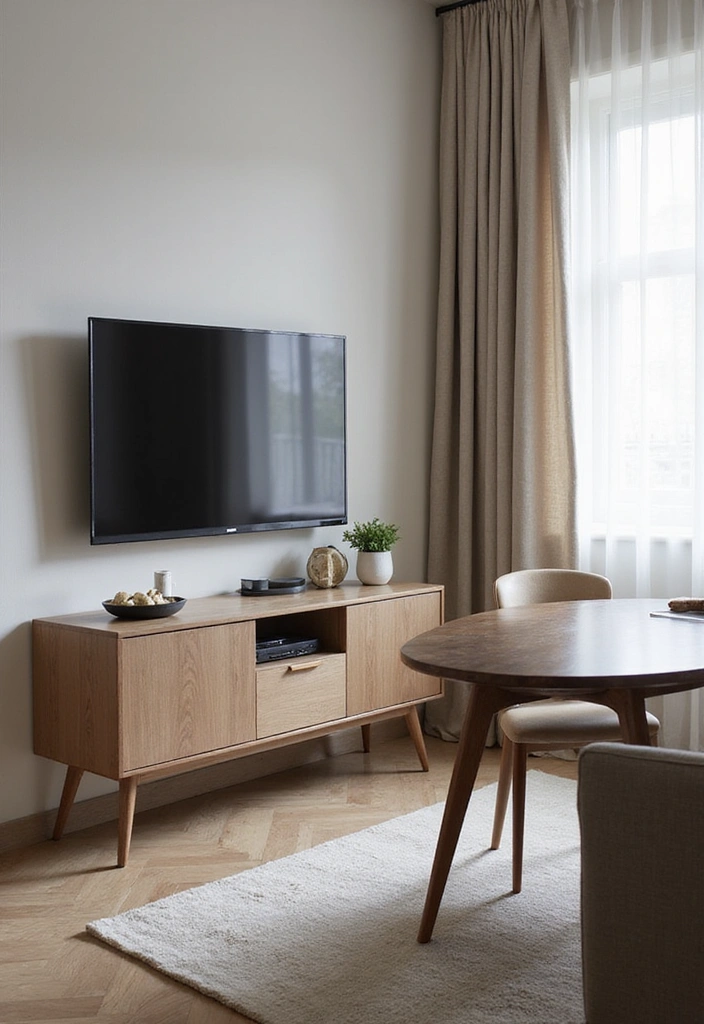 25 Small Living Room Ideas with TV and Dining Table - 7. Sleek Media Console with Extendable Dining Table