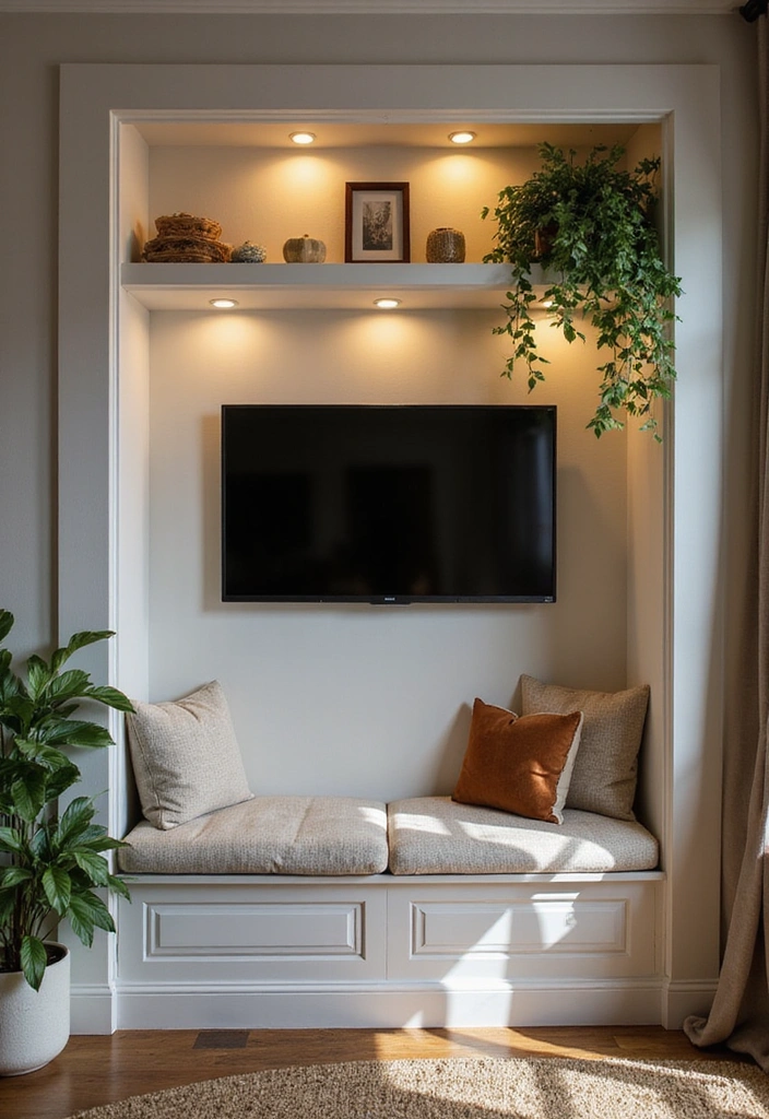 25 Small Living Room Ideas with TV and Dining Table - 8. Cozy Nook with Built-in Bench and TV Wall