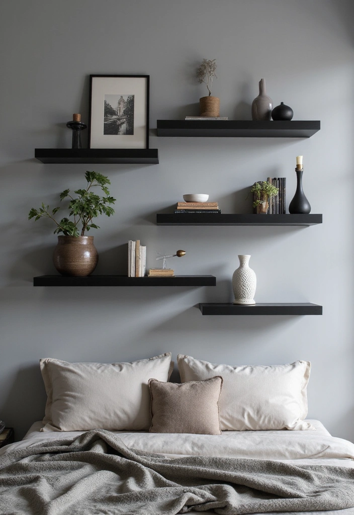 26 Black and Grey Bedroom Ideas - 12. Open Shelving