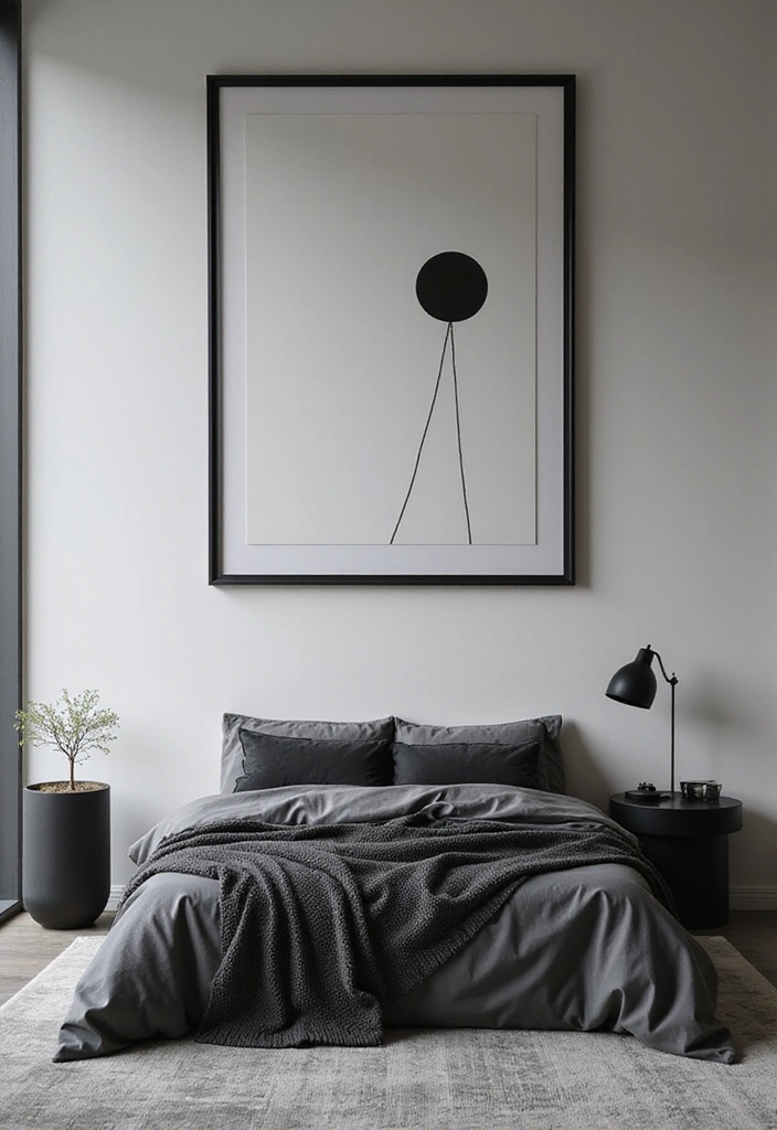 26 Black and Grey Bedroom Ideas - 13. Minimalist Art