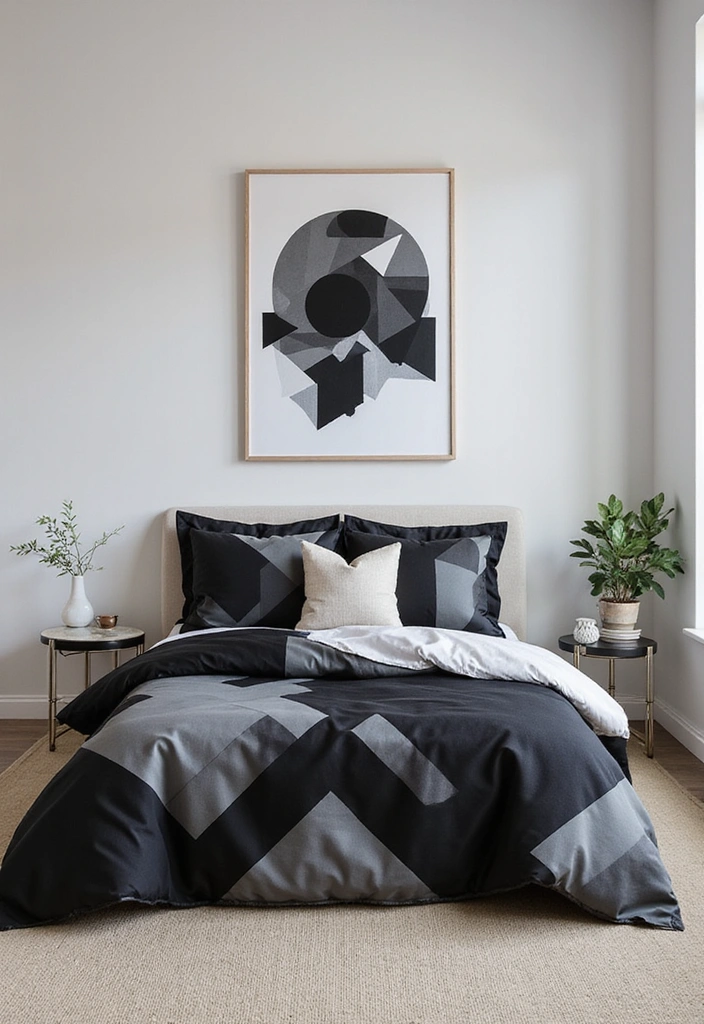 26 Black and Grey Bedroom Ideas - 5. Modern Geometric Patterns