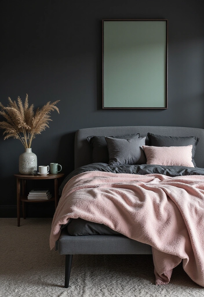 26 Black and Grey Bedroom Ideas - 6. Soft Accent Colors