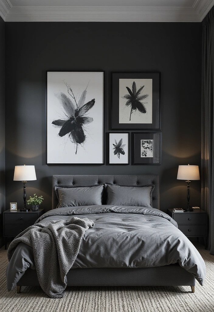 26 Black and Grey Bedroom Ideas - 7. Artistic Wall Decor