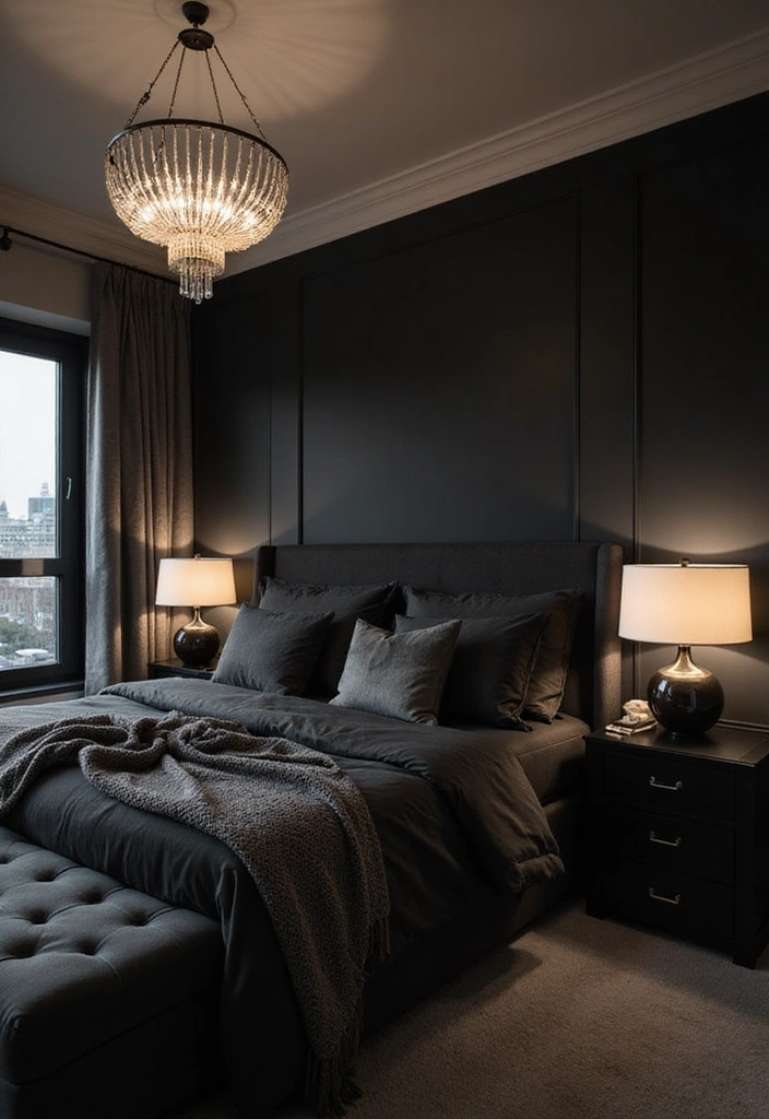 26 Black and Grey Bedroom Ideas - 9. Statement Lighting