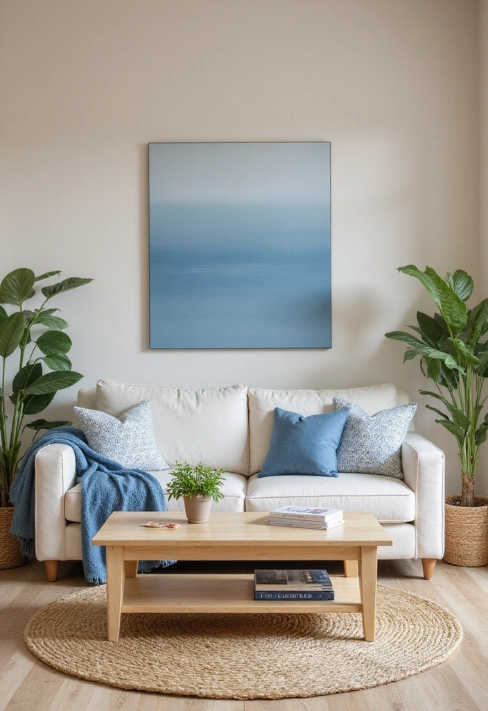 26 Coastal Living Room Ideas - 1. Soft Neutrals with Pops of Blue